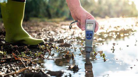 Water quality testing being carried out at the edge of a river.